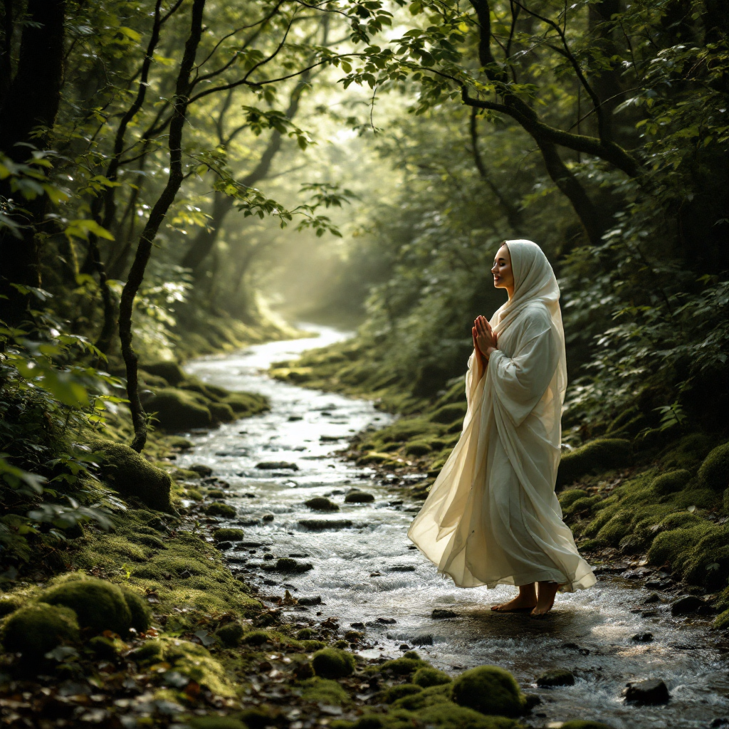 A serene woman in a flowing white dress stands barefoot in a gentle stream, surrounded by lush greenery and soft, golden light filtering through the trees, embodying a sense of intuition and peace.