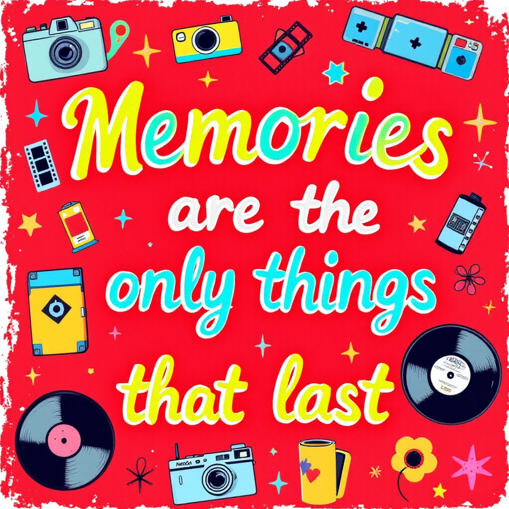 A vibrant design featuring the quote Memories are the only things that last, surrounded by illustrations of cameras, vinyl records, and playful icons, all on a bright red background.