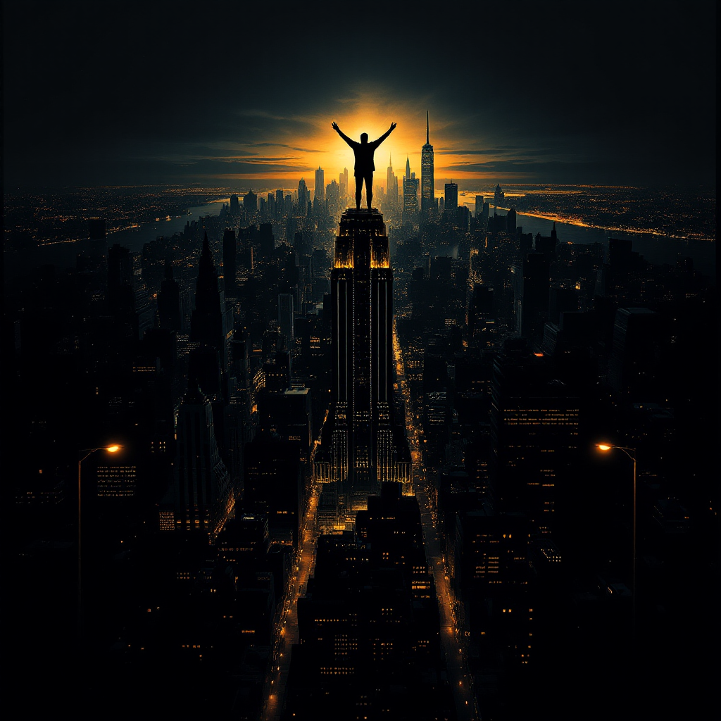A lone figure stands atop a towering city skyscraper at dusk, arms raised against a glowing, dramatic skyline, embodying the unyielding reality of the world.