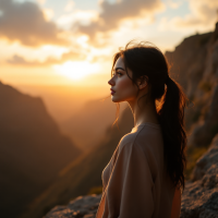 A woman stands on a mountain ledge at sunset, gazing thoughtfully into the distance, embodying the essence of pursuing dreams amidst nature's beauty.