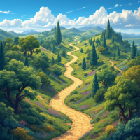 A winding golden path stretches through lush green hills adorned with trees and vibrant flowers, under a blue sky filled with fluffy clouds, evoking the journey to a vast world.