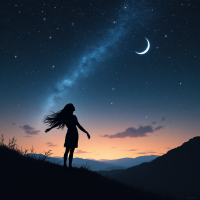 A silhouette of a woman stands on a hill against a starry night sky, with a crescent moon and vibrant colors at dusk, reflecting on the theme of regrets and missed opportunities.