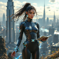 A woman in a sleek black outfit stands on a cliff overlooking a futuristic city, holding a book, embodying the spirit of a dreamer and doer who finds freedom.