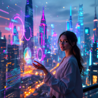 A woman interacts with glowing digital graphs and holograms against a futuristic city skyline, reflecting the notion that technology is a tool for wise use.