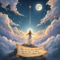 A figure in a flowing gown stands atop a mountain, gazing at a starry sky and a bright moon. A scroll at the bottom displays the quote about the essence of love and giving.