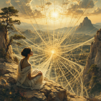 A serene figure sits on a rocky ledge, gazing at a radiant sun surrounded by vibrant, interconnected threads of light, symbolizing the unity of existence in a vast landscape.