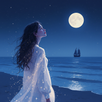 A young woman in a flowing white dress gazes up at a full moon over a tranquil ocean, evoking the sentiment of a hopeful reunion as gentle waves lap at the shore.