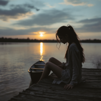 A girl sits at the edge of a wooden dock, gazing thoughtfully at the sunset reflecting on the tranquil water, embodying the essence of choosing how to spend one's time.