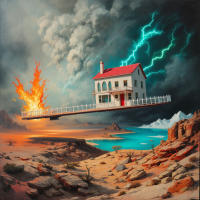 A floating house amidst a dramatic desert landscape, surrounded by flames and lightning, visually embodies the idea of escape from the consequences of one’s actions, reflecting the American dream.