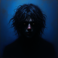 A shadowy figure with wild, unkempt hair and glowing eyes emerges against a deep blue background, embodying a sense of mystery and danger, reflecting the quote's warning.