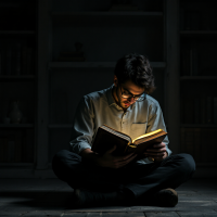 A young man sits on the floor in a dimly lit room, engrossed in a book. A soft glow illuminates his face and the pages, reflecting the theme of learning through challenge.