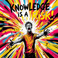 A vibrant, explosive illustration featuring a figure in a dynamic pose with a shocked expression, surrounded by colorful bursts, emphasizing the quote Knowledge is a risk!