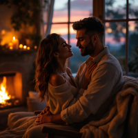 A couple gazes into each other's eyes by a cozy fire, wrapped in a blanket, embodying the quote, Love is never a guarantee; it’s a leap of faith, against a vibrant sunset backdrop.