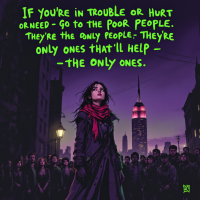 An illustration featuring a young woman in a dark coat and red scarf stands confidently among a crowd in a city street, with glowing text conveying a message about seeking help from the poor.