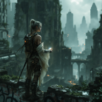 A figure stands on a crumbling ledge in a dystopian landscape, holding a glowing orb, embodying the tension of hope as a dangerous yet powerful motivator amidst the ruins.