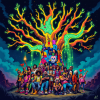 A vibrant scene of diverse people gathered around a colossal, colorful tree, embodying connection and unity, reflecting the essence of belonging to something greater.