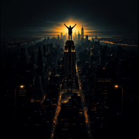 A lone figure stands atop a towering city skyscraper at dusk, arms raised against a glowing, dramatic skyline, embodying the unyielding reality of the world.