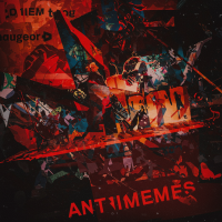 Abstract chaotic collage with fragmented text and sharp shapes in red and black, embodying the mysterious and dangerous nature of antimemes as part of the Problem.