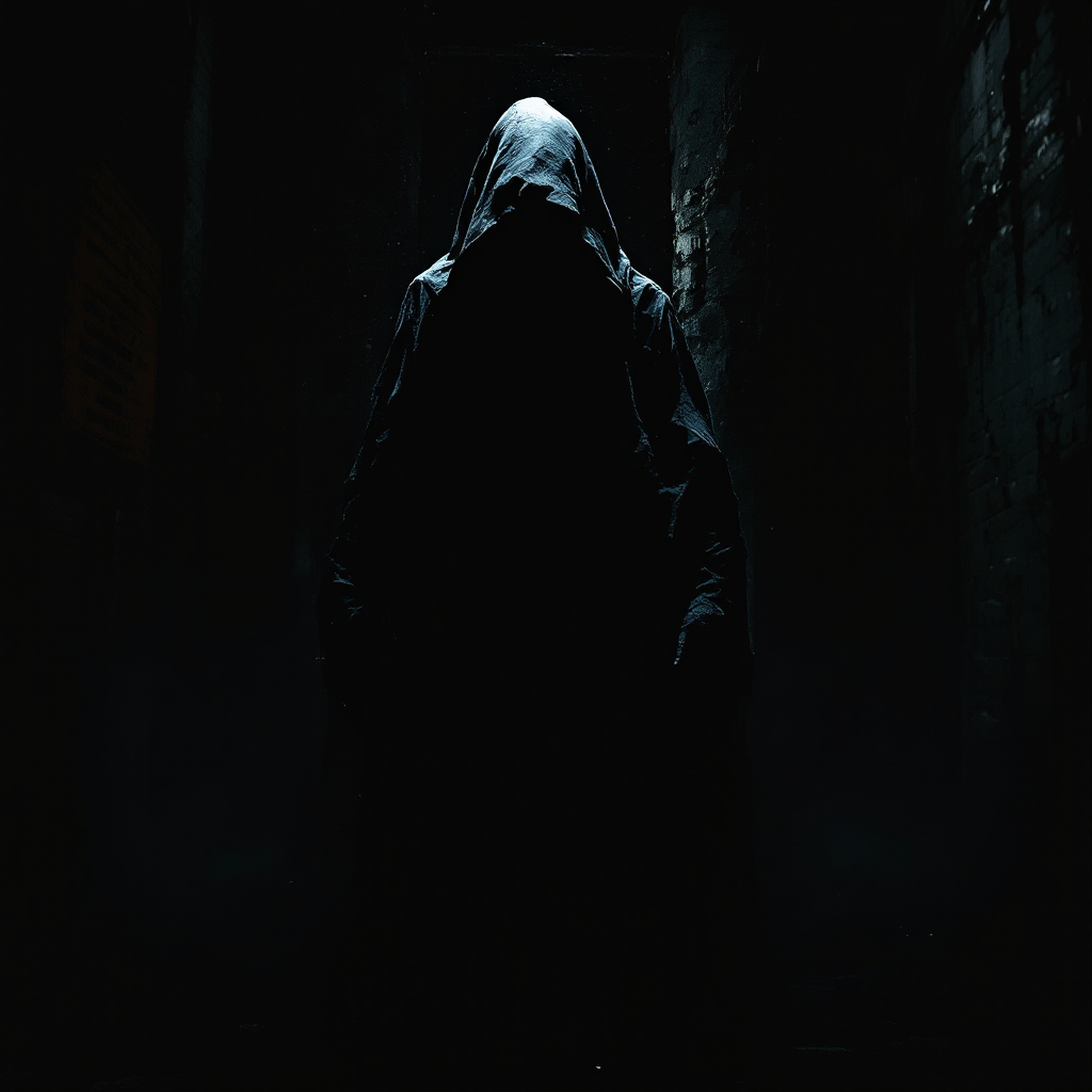 A dark figure in a hooded cloak stands eerily in a dimly lit corridor, shrouded in mystery, embodying the essence of SCP-055 as a self-keeping secret.