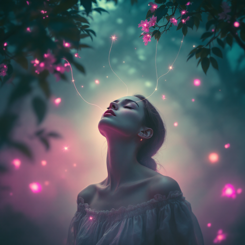 A serene figure gazes skyward, surrounded by ethereal swirls of light and blossoms, embodying the delicate boundary between reality and imagination.