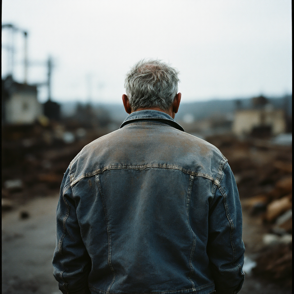 A weary man stands with his back to the camera, facing a desolate landscape, embodying determination and change, inspired by the quote about rejecting the status quo after years of struggle.