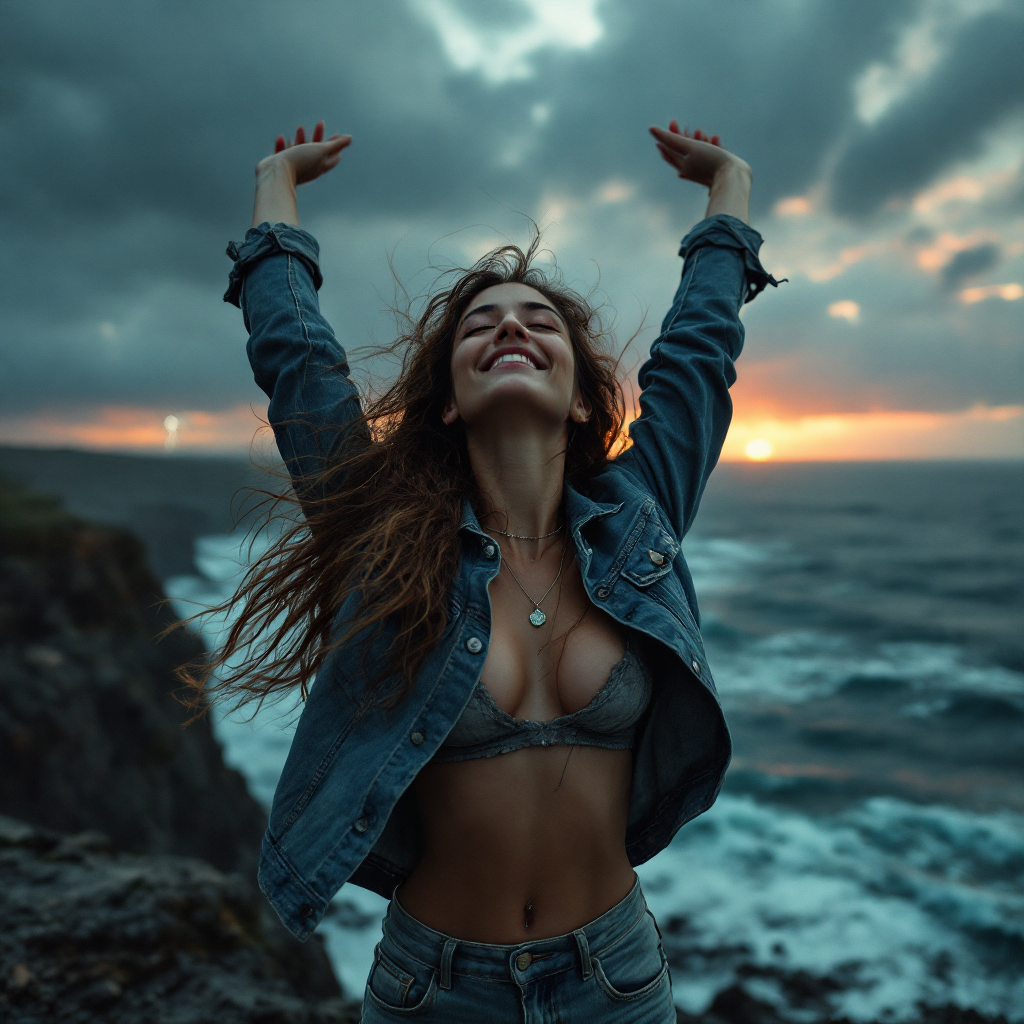 A woman joyfully raises her arms against a dramatic sunset over the ocean, embodying the quote, Life is a beautiful disaster, and I wouldn’t change a thing about it.