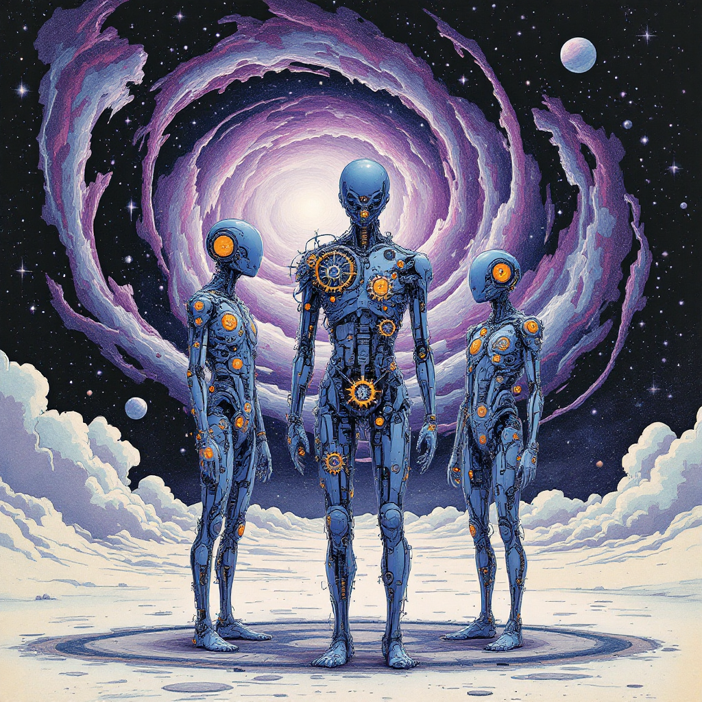 Three robotic figures stand in an ethereal landscape, surrounded by swirling galaxies. The image reflects the concept that humans are the result of chance, not the pinnacle of creation.