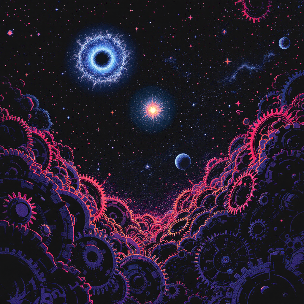 A cosmic scene featuring vibrant gears amidst a starry sky, symbolizing the universe as a vast, unfeeling machine with fleeting sparks of consciousness.