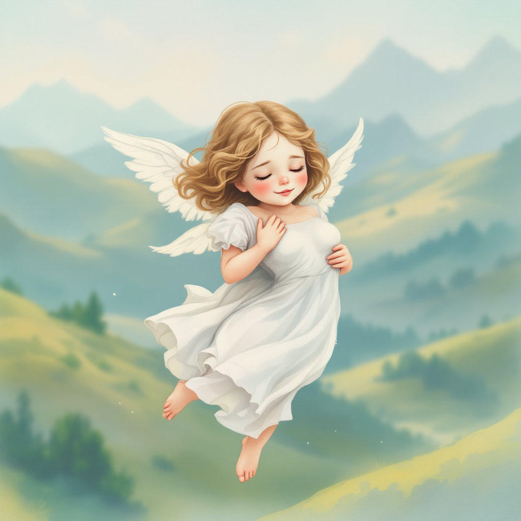 A serene image of a young angelic figure with wings, dressed in a flowing white dress, joyfully floating above lush green hills and mountains under a soft, blue sky.