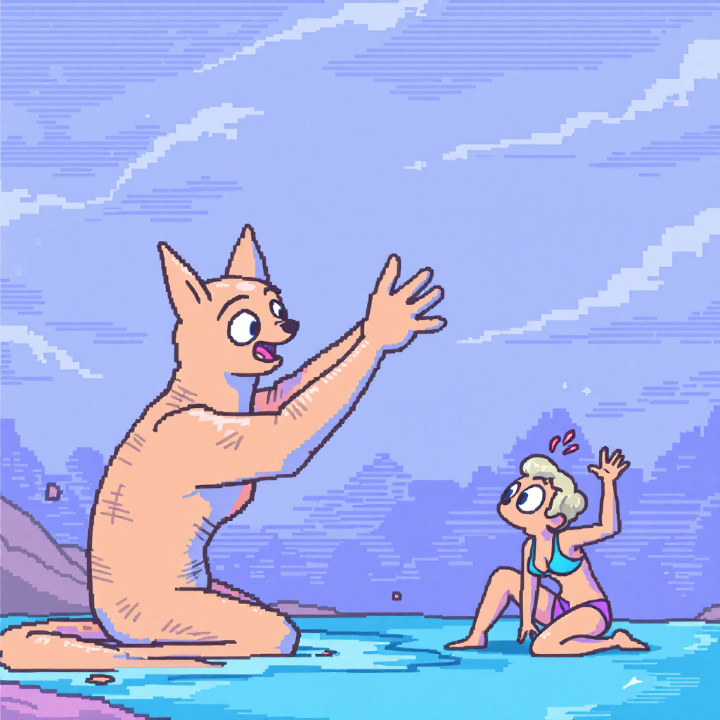 A whimsical scene depicts a giant cat playfully interacting with a girl in a swimsuit by the water, embodying the quote's exploration of connection and memory.