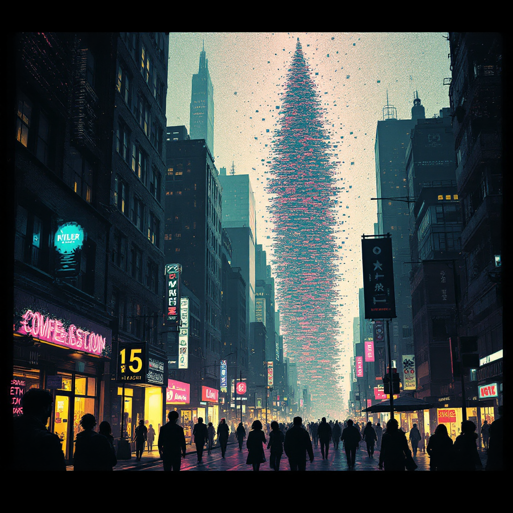 A bustling city street at dusk, with silhouetted figures walking towards a towering, illuminated structure that reaches up into a colorful, misty skyline, embodying life's mysteries.