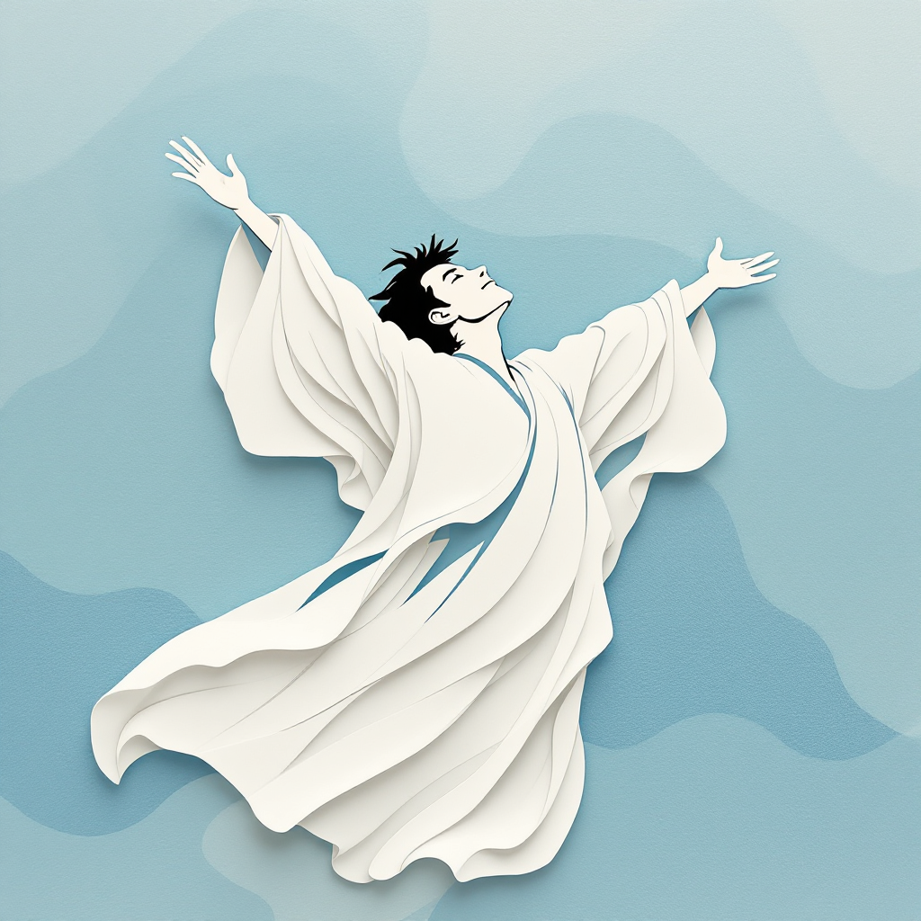 An illustrated figure in a flowing white garment stands with arms outstretched, embodying a sense of freedom and vitality against a soft blue background.