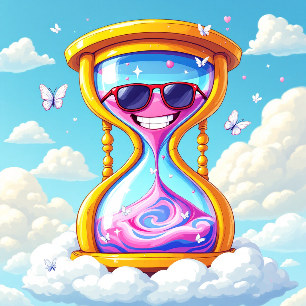 A whimsical hourglass with a smiling face and sunglasses, surrounded by clouds and butterflies, evokes the quote The meaning of life is that it ends, embracing life's fleeting nature.