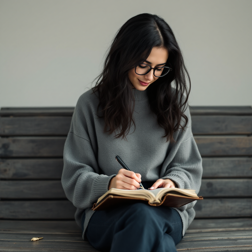 A young woman with long dark hair writes in a notebook while sitting on a wooden bench, reflecting on the profound truths found in the stories we tell.