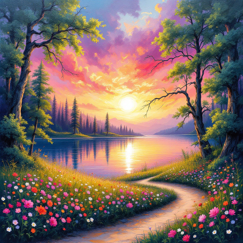 A vibrant landscape featuring a serene lake at sunset, surrounded by colorful flowers and lush trees, capturing the beauty of nature as a reflection of ourselves.