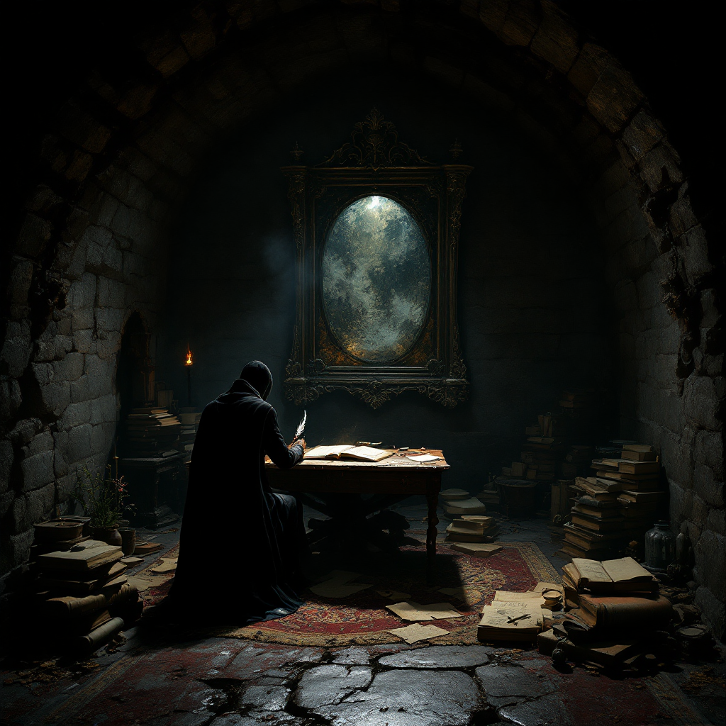 A cloaked figure sits at a dusty table in a dimly lit stone chamber, surrounded by stacks of ancient books, reflecting on a mysterious mirror hung on the wall. Shadows enhance the atmosphere of contemplation.