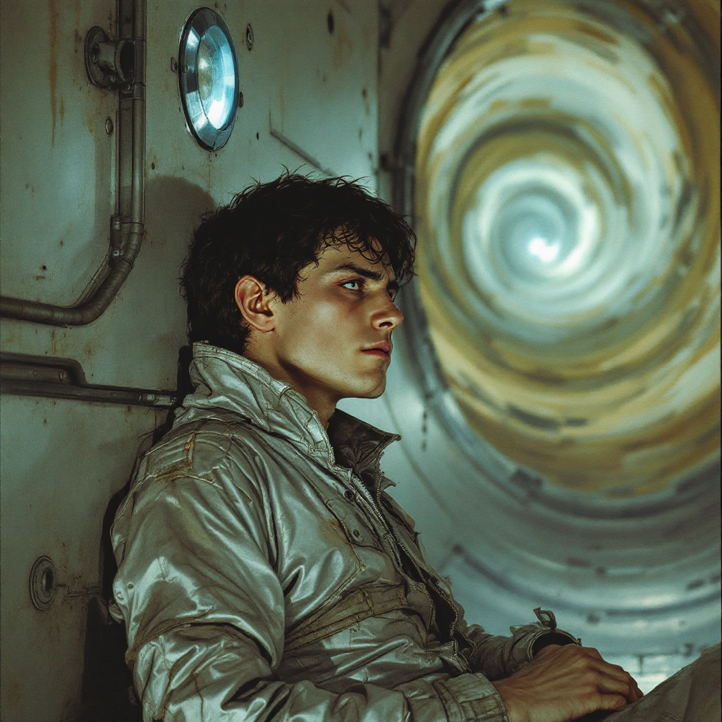 A young man sits against a metallic wall, wearing a silver jacket, gazing pensively into a swirling, abstract vortex, embodying the exhaustion of always needing to appear strong.