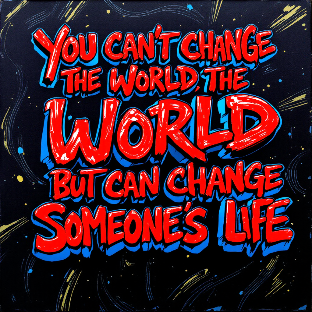 Bold typography features the quote: You can’t change the world, but you can change someone’s life, highlighted against a colorful, dynamic background.