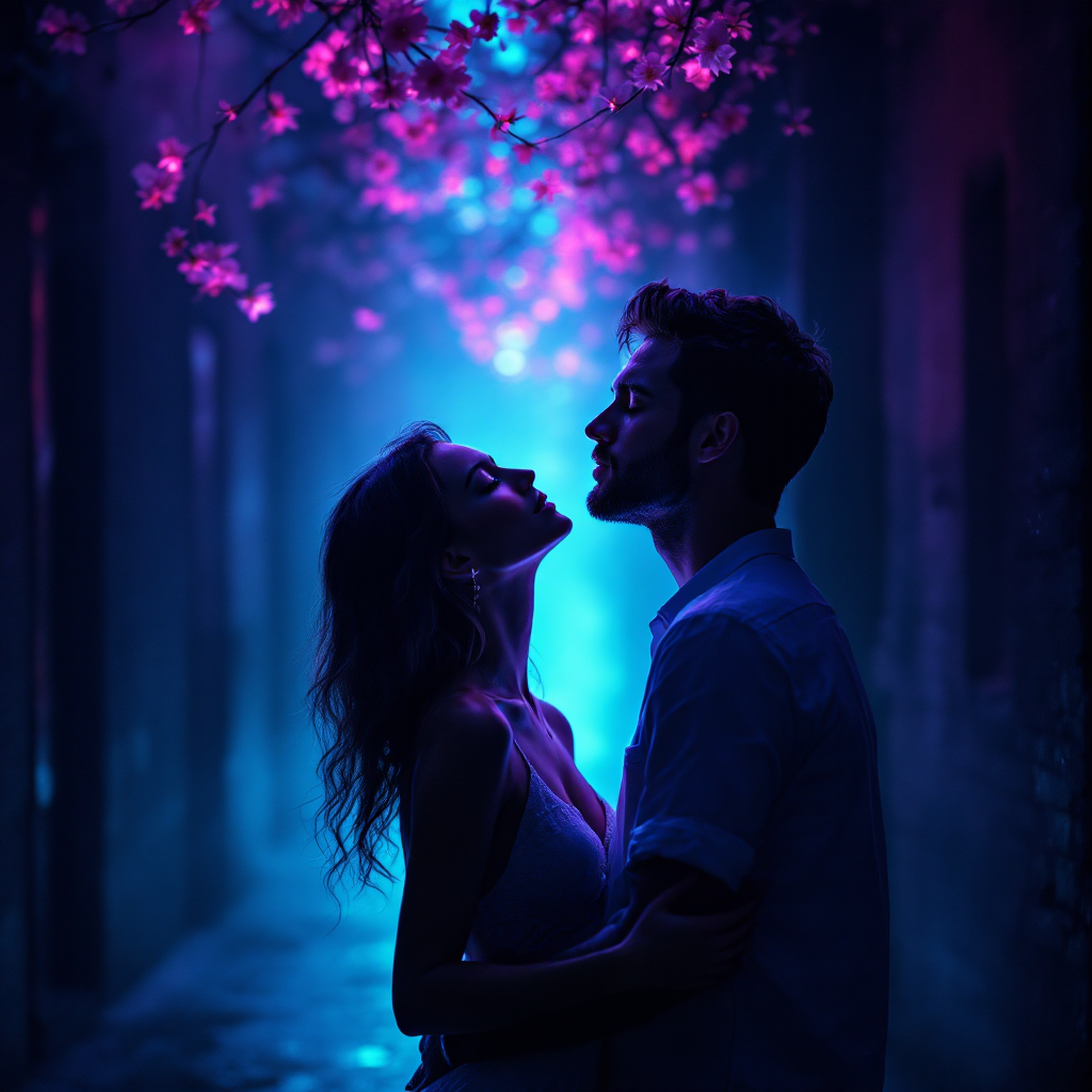 A couple embraces in a dimly lit alley adorned with glowing pink flowers, emphasizing the transcendent power of love amidst a backdrop of dreamy blues and purples.