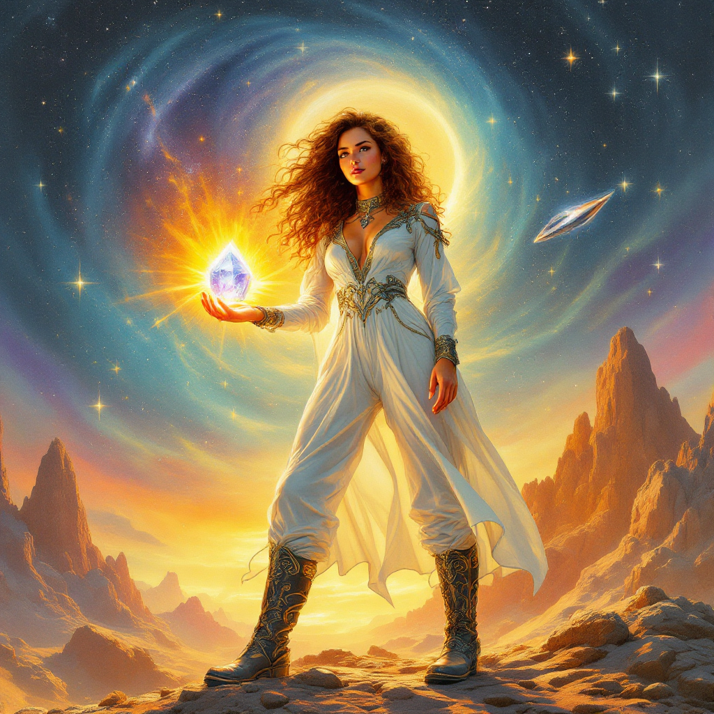 A figure in a flowing white outfit stands in a cosmic landscape, holding a glowing gem that symbolizes hope, illuminated by vibrant colors against a swirling galaxy backdrop.