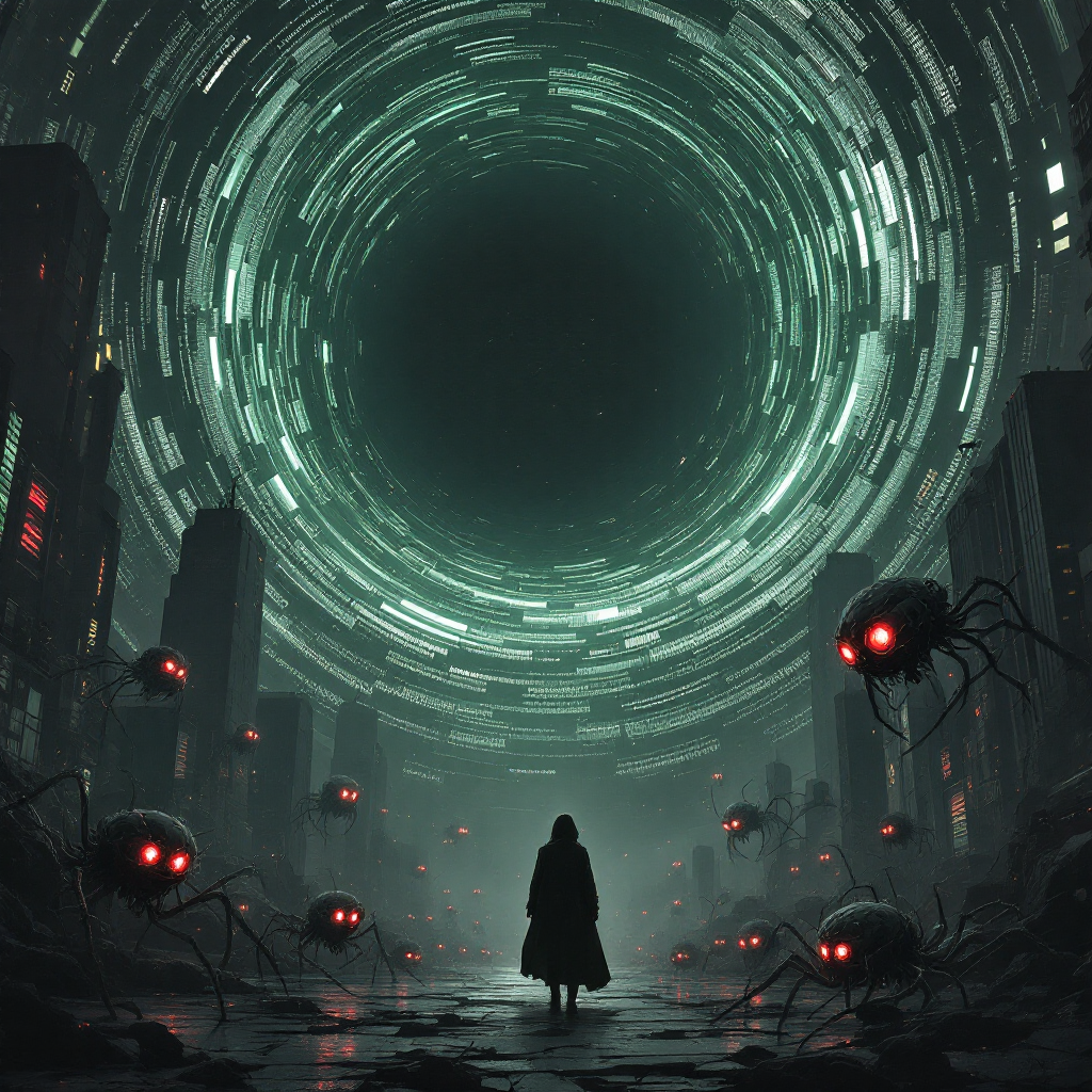 A shadowed figure stands amid dark, foggy ruins as glowing red-eyed mechanical creatures swarm under a swirling, luminous vortex above, evoking predatory infovores and lurking secrets.