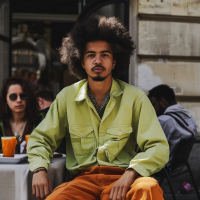 A man in a lime-green shirt and ochre trousers sits confidently at a cafe table, his unique attire setting him apart in a sophisticated setting.