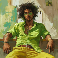 A confident man in a lime-green shirt and ochre trousers sits casually, his demeanor contrasting with the expected formal setting.