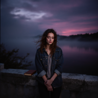 A contemplative young woman stands by a tranquil lake at dusk, with a book resting beside her, embodying the essence of life as an introspective event, framed by a misty backdrop.