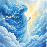 A ethereal figure made of blue clouds and light stands amidst swirling storm clouds, embodying the power and infinity of the sky, with lightning illuminating the scene.