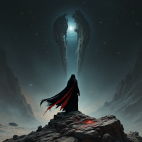 A figure clad in black with a flowing red cape stands on a rocky landscape, gazing at two towering, jagged cliffs that frame a glowing celestial light above, evoking a sense of uncertainty and exploration.