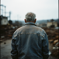 A weary man stands with his back to the camera, facing a desolate landscape, embodying determination and change, inspired by the quote about rejecting the status quo after years of struggle.