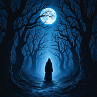 A figure stands alone in a dark, eerie forest illuminated by a glowing blue moon, surrounded by twisted, leafless trees, evoking a sense of lurking threats in the shadows.