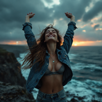 A woman joyfully raises her arms against a dramatic sunset over the ocean, embodying the quote, Life is a beautiful disaster, and I wouldn’t change a thing about it.