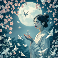 A serene woman in a flowing robe holds a small figure in her hands, surrounded by delicate blossoms and soaring paper cranes under a luminous moon, symbolizing personal destiny and purpose.